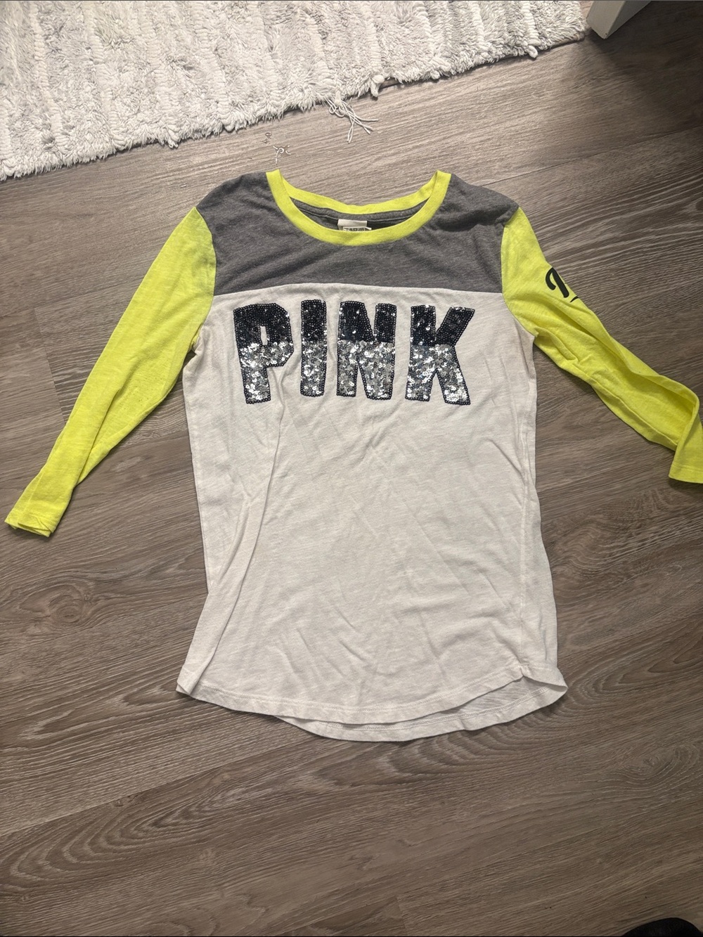 Victoria's Secret PINK White Gray Neon Yellow Sequin Logo